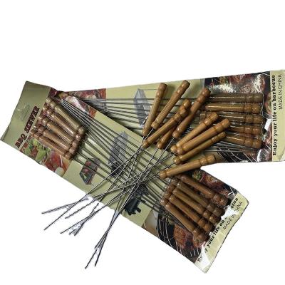 China Food Grade Stainless Steel BBQ Needle Wooden Handle Anti-hot Barbecue Fork Healthy Environmental Easily Cleaned BBQ Skewers for sale