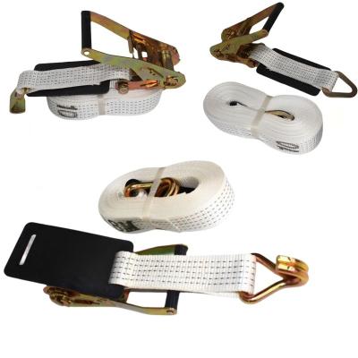 China Cargo Safety 25 50 Mm White Binding Tension Cargo Lashing Belt Rok Ratchet Tie Down Strap With Pad Guard for sale