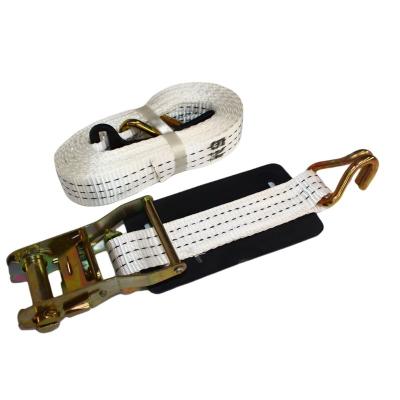 China Cargo Safety 38mm 5m Cargo Lashing Tie Down Binding Belt Tension Strap White Ratchet Straps With Double J-Hook for sale