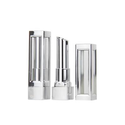 China Make Up Container Wholesale Empty Square Tube Lipstick Packaging Containers Silver Plastic Cosmetic Case With Window for sale