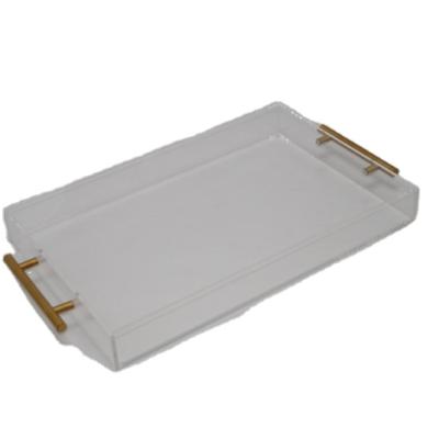 China For hotel/bar/restaurant/home deco rectangular clear acrylic tray with metal gold handle suitable for hotel restaurants for sale