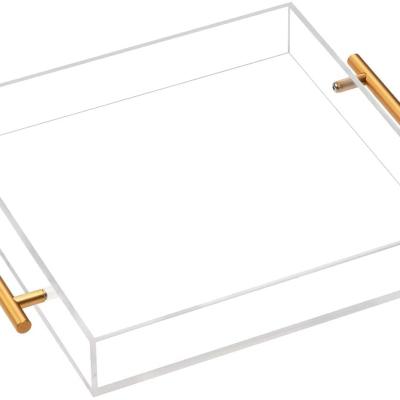 China For hotel/bar/restaurant/home deco rectangular clear acrylic tray with metal gold handle suitable for hotel restaurants for sale