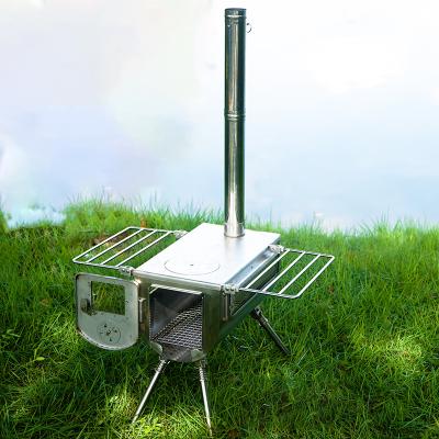 China Outdoor Product Wholesale Stainless Steel Camping Wood Burning Stove with Stainless Wall Chimney Pipes for Camping Heating and Cooking for sale