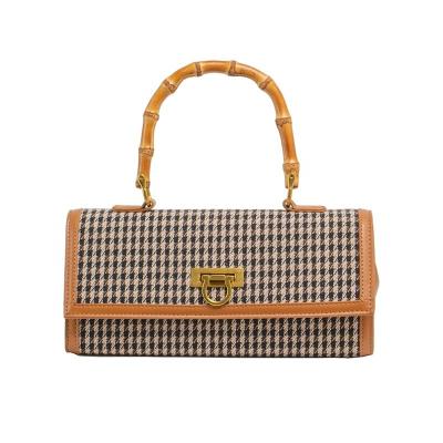 China Wholesale Custom Latest Fashion Flap Bag New Arrivals Unique Shaped Handbag Handle Bamboo Houndstooth Bag For Women for sale