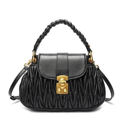 China 100% Pleated Braided Fashion Handbags Sheepskin Handle New Arrivals Saddle Handbag Retro For Women Genuine Leather for sale