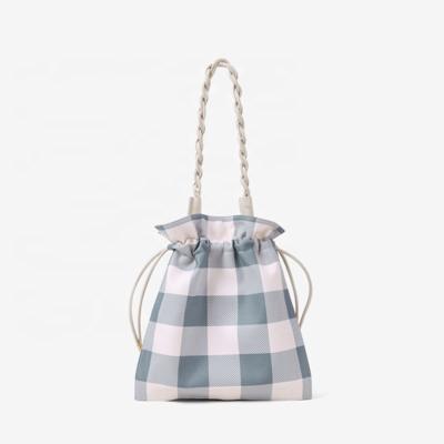 China New Arrivals Elegant Lady's New Arrivals Plaid Vegan Leather Checkered Ripstop Drawstring Bucket Bags Women Handbags Shoulder for sale