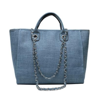 China Wholesale Trends Women Handbags Factory Elegant New Women's Cotton Handbags With PU Leather Handle And Chain Strap Personalized Tote Bag for sale