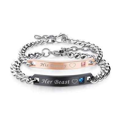 China Fashion casual/sporty newcomer His Queen His Beast Couples Crystal Crown Charm Bangle Stainless Steel Bangle His Beauty Her for sale