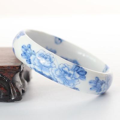 China Pastel drawing blue and white porcelain bracelet ceramic bracelets handmade folk casual/sporty peony flower flower for sale