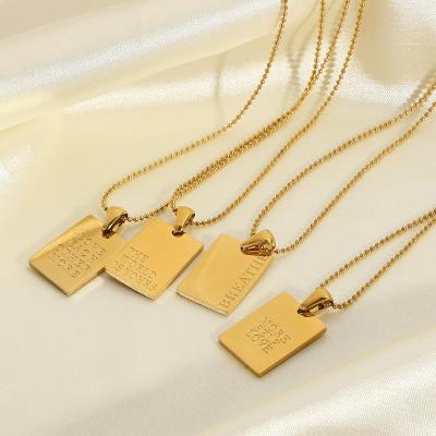 China 2022 New Hiphop Fashionable Letter Message Square Personal Engraved Pendant Necklace Beads Chain Stainless Steel Gold Necklace for sale