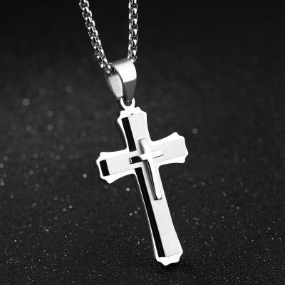 China TRENDY Christian Stainless Steel Cross Pendant Necklace for Men Boys Teen Jewelry Three Layers Jesus Crucifix Necklaces with Box Chain for sale