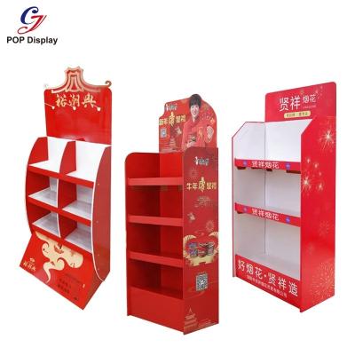 China Retail Cardboard Paper Tray Customized Corrugated Cardboard Display Floor Display Rack Friendly Material 3 Tiers For Food Rice for sale