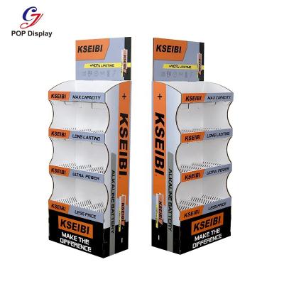 China Eco-friendly Logo Colorful Printing Flat Packed 4 Tiers Customer Corrugated Cardboard Stand Up Custom Display Display Stand For Battery for sale