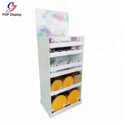 China Single Sided Customized Waterproof Supermarket Paper Floor Display Stand Laminate Cardboard Cardboard Shelf For Dishes Plates Cookware for sale