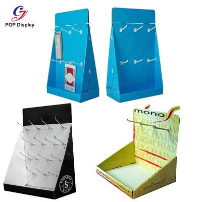 China Supper Market Logo Custom Cardboard Hook Counter Display For Cell Phone Accessories Hanging Counter Display Corrugated Paper PDQ for sale