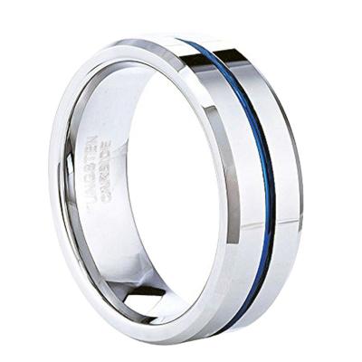 China CLASSIC Small wholesale beveled edges tungsten ring blue 8mm 6mm blue tungsten wedding ring set for sale