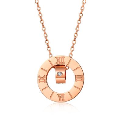 China Stainless Steel Rose Gold Plated Charm Chain Romantic Korean Stone Pendant Necklace Style Roman Numbers Transfer Bead Crystal for sale