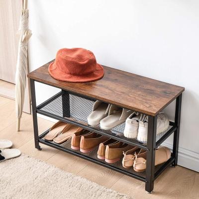 China (Size) 3 Tier Adjustable Industrial Storage Shelf With Seat, Rustic Front Shelf Metal Frame Wooden Shoe Bench Stand For Entryway Living Room for sale