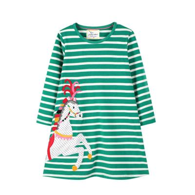 China Striped Stitching Kids Green White Unicorn Patch Pattern Long Sleeve Anti-wrinkle Mint Cheap Wear Clothes Baby Cotton Sweatshirt Dress for sale