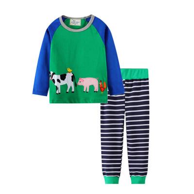 China Custom Casual Knit 100% Cotton Cartoon Print Long Sleeve T-Shirts And Stripe Pants Kids Boutique Clothing Wear Girl 2 Piece Set for sale