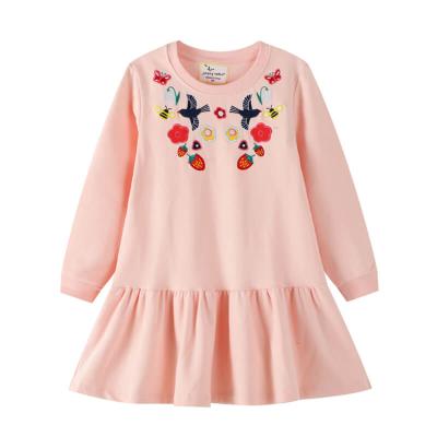 China Latest Anti-wrinkle Flower Embroidered Strap Waist Cotton Designs Babies Sweatershirt Natural Canvas Organic Dresses New for sale