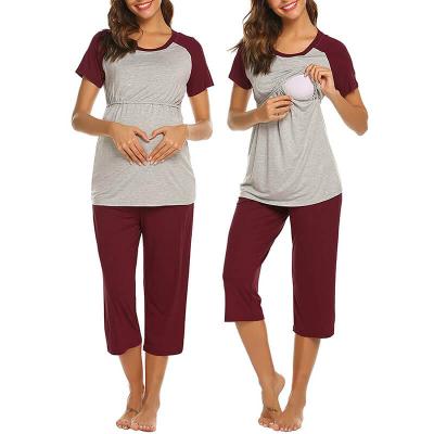 China High Quality Anti-Allergy Maternity And Feeding Mom Loose Simple Color Block Shortsleeve Nursing Shirt Grown Pants Pajamas Sleepwear Set for sale