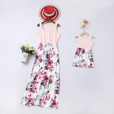 China Splice Floral Print Maxi Long Pink Boho Children Elegant Casual Sleeveless Polyester Women Custom Made QUICK DRY Girls And Her Mom The Same Dress for sale