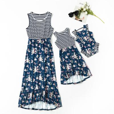 China OEM Baby Women Girl QUICK DRY Spring Dresses Maxi Boho Sleeveless Mom And Floral Stripe Cutout Blue White Printed Irregular Girl Dress for sale