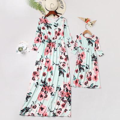 China Elegant Green Maxi Long Sleeve Ruffle Empire Waist Floral Cut Mom Girl Print QUICK DRY Vintage Woman Casual Girls Dress Matching for sale