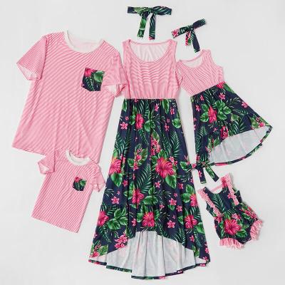 China QUICK DRY Family Outfits Custom Print Baby T-shirt Casual Rompers Boho Summer Long Skirt Floral Matching Clothes Set for sale