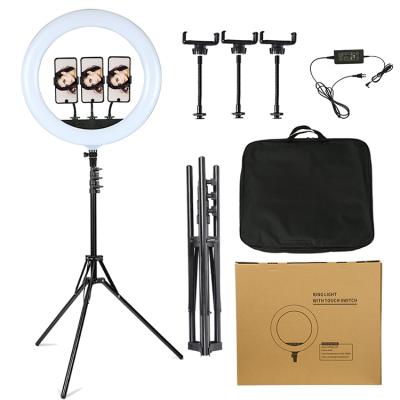 China 2020 new photography tiktok led ring light blue tooth 18inch live broadcast light straight kit mirror makeup photography set with stand for sale