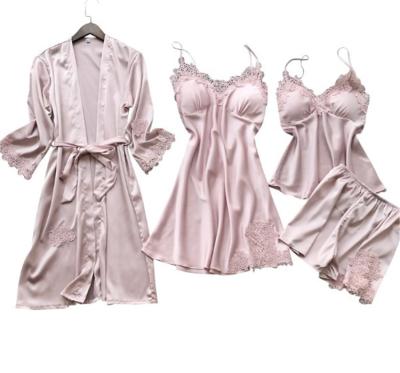 China High Quality Customized Casual Women Cheap QUICK DRY Polyester Satin Pajamas Long Sleeve Robe Sleepwear OEM Four Piece Suit for sale