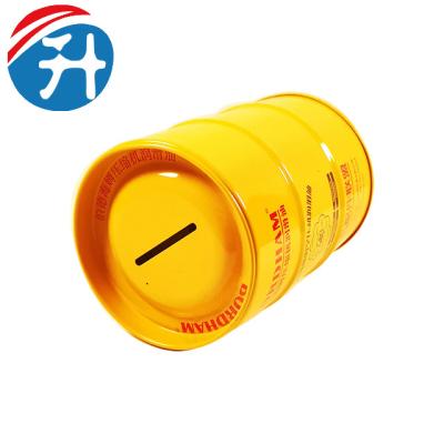 China Drum Shaped Round Oil Coin Bank Metal Tin Tin Box Made From China Economy Box Custom Coin Bank for sale