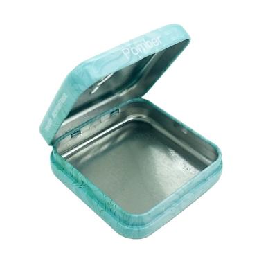 China Custom Hot Selling Small Gift Box Hinged Customized Mini Square Tin Hinge Condom Packing Metal Embossed Case for sale