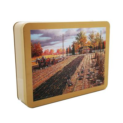 China Gift & Craft 4C Printing Large Custom Metal Tin Box Landscape Rectangular Metal Tin Box Gift Packaging for sale