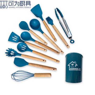 China Wooden Stocked Handle Kitchen Tools Cooking Spatula Silicone Kitchenware Utensil Set for sale