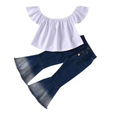 China Hot Sale Casual Kids Clothing Sets Girls Denim Strapless Flared Tops Jeans Pants Solid Color 2 Piece Set for sale