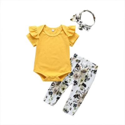 China Breathable Yellow Infant Top With Ruffle Short Solid Cotton Bow Flower Print Panty Sleeve Two-Piece Babies Clothing Set for sale