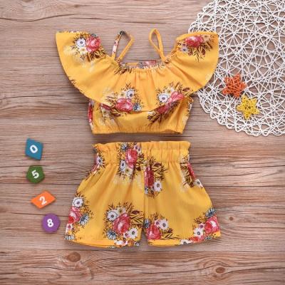 China Casual gold color and floral pattern gallus top with 2pcs shorts girls suit wholesale price for sale