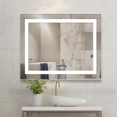 China 2021 Modern Style Time Display Mirror Magnifying Rectangular Bathroom Customized LED Demister Smart Mirror for sale