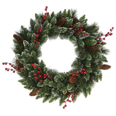 China Free Sample Wholesale Personalized Christmas berries&pinecone w/giltter wreath PVC tricks pine needle Easter scene with lights for sale