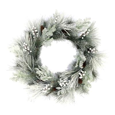 China PVC Tips Stocked Artificial Decorative Christmas Flocked White Cypress Pine Needle Pine Cone &White Berry Wreath For Home Decoration for sale