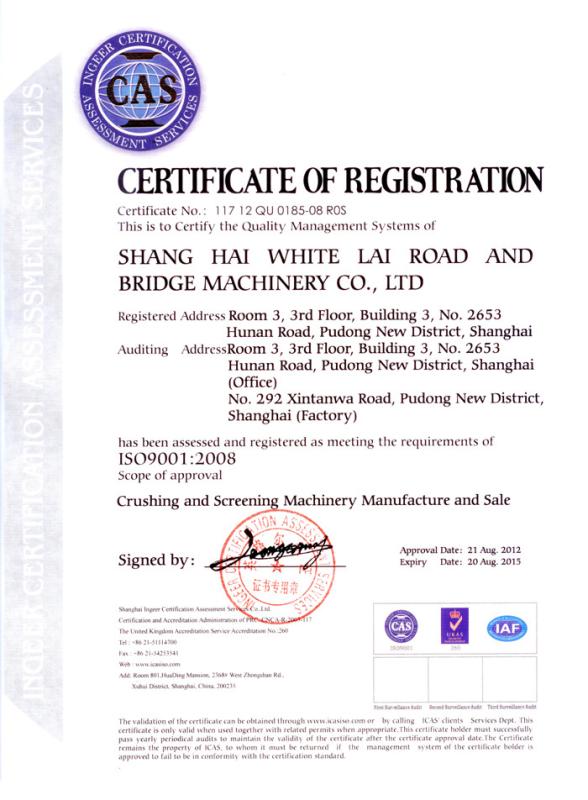 ISO9001:2008 - Shanghai White Lai Road&Bridge Machinery Co.,Ltd