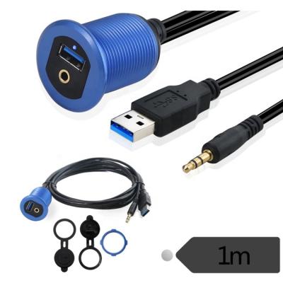 China Mobile phone Etc.electronic product new product 1M Gold connector DC3.5MM+USB3.0 male to AUX cable. Extension Cable Lead Holder Panel Female With LED Light For Car for sale