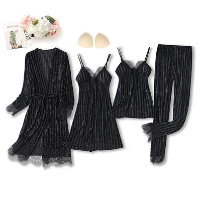 China QUICK DRY Cost Effective Polyester Autumn Wash Solid Onesie 4 Piece Set Polyester Velvet Pajamas Dress For Women for sale