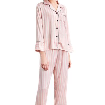 China Fashion Hot Selling QUICK DRY Custom Printed Pink Stripe Comfortable Silk Long Sleeve Women's Pajamas Sleepwear Set for sale