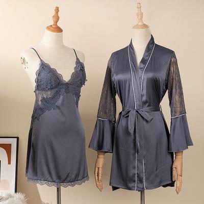 China Wholesale OEM Luxury QUICK DRY 2 Pieces Set Solid Color Womens Sleepwear Soft Lace Satin Robe & Nightgown Set for sale