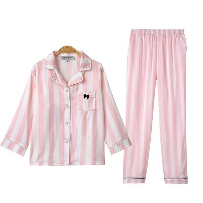 China QUICK DRY custom made comfortable long sleeve fashion kids silk pajamas loungewear satin lace striped kids set of 2 piece girls sleepwear pajamas for sale