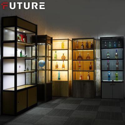 China Custom Optical Metal Frame Shop Storage Display Wine Cabinet Glass Display Stand with Lock and LED Light for sale