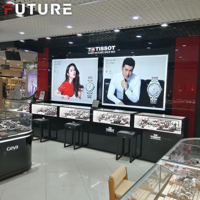 China Custom Optical Shop LOGO Retail Store Watch Display Shelf Counter Wrist Watch Display Case for sale